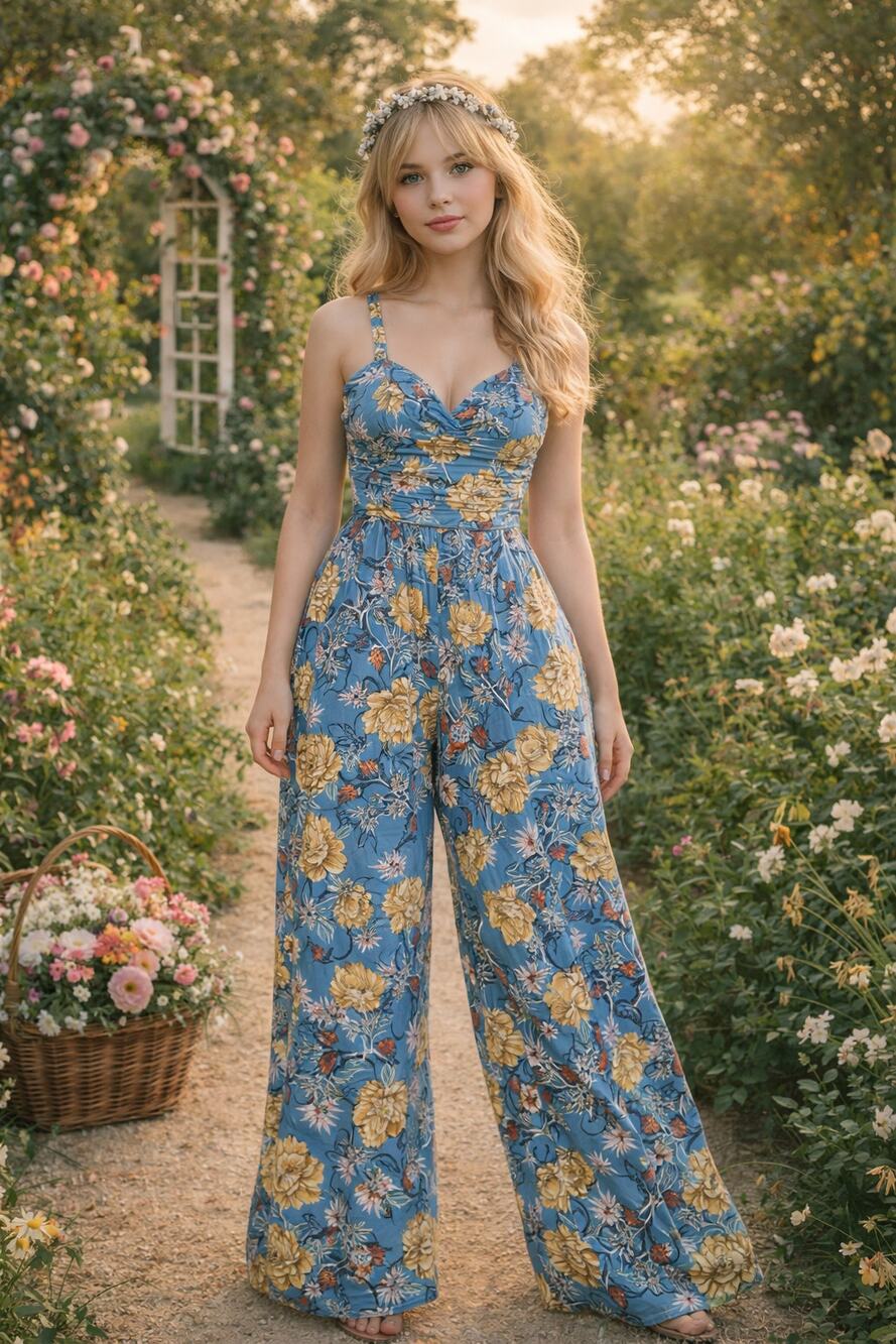 Women's Blue Floral Wide-Leg Sleeveless Jumpsuit Pockets S Romantic Cottagecore